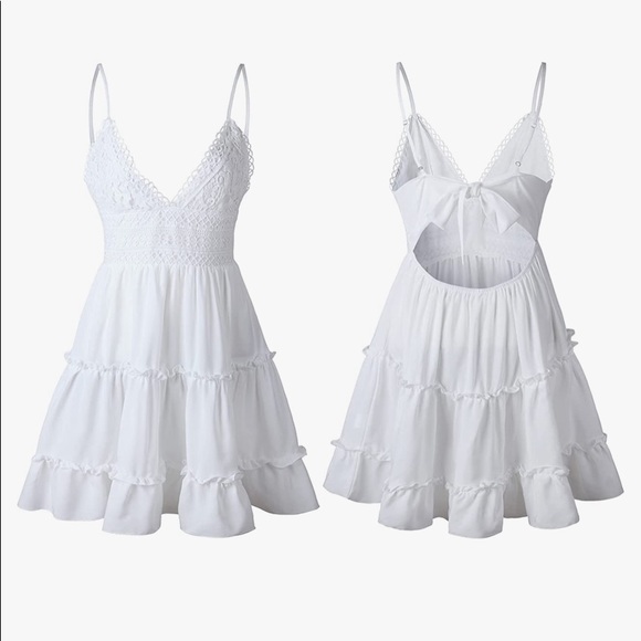 Womens V-Neck Spaghetti Strap Bowknot Backless Lace Mini Swing Dress (BNIP) - Picture 5 of 7